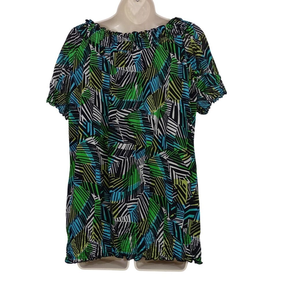 East 5th Geometric Print Smocked Blouse Women Size 1X Short Sleeve Work Casual - Picture 4 of 6